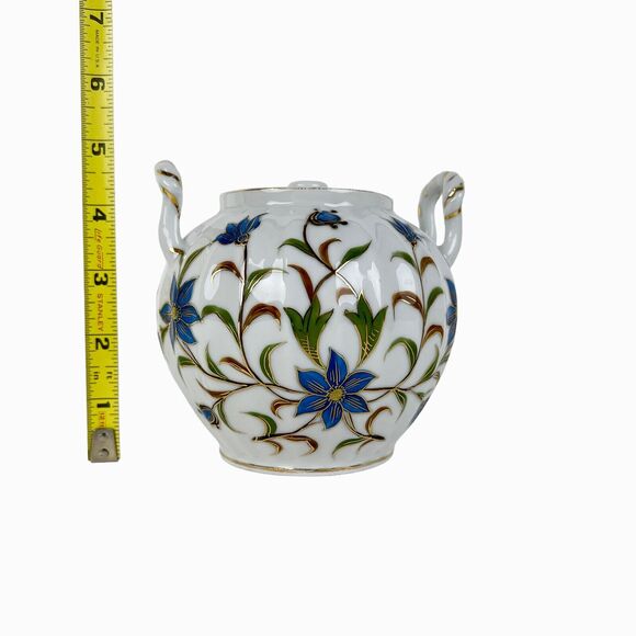 Jar Lid White Ceramic Blue Flowers Gold Trim Side Handles Decorative 4.75" Tall - Picture 11 of 12